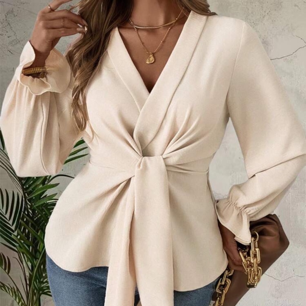 PLUS SIZE V NECK SHIRT, CROSSED MID SECTION